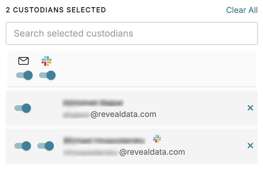Selected custodians with email options and search functionality displayed on the interface.
